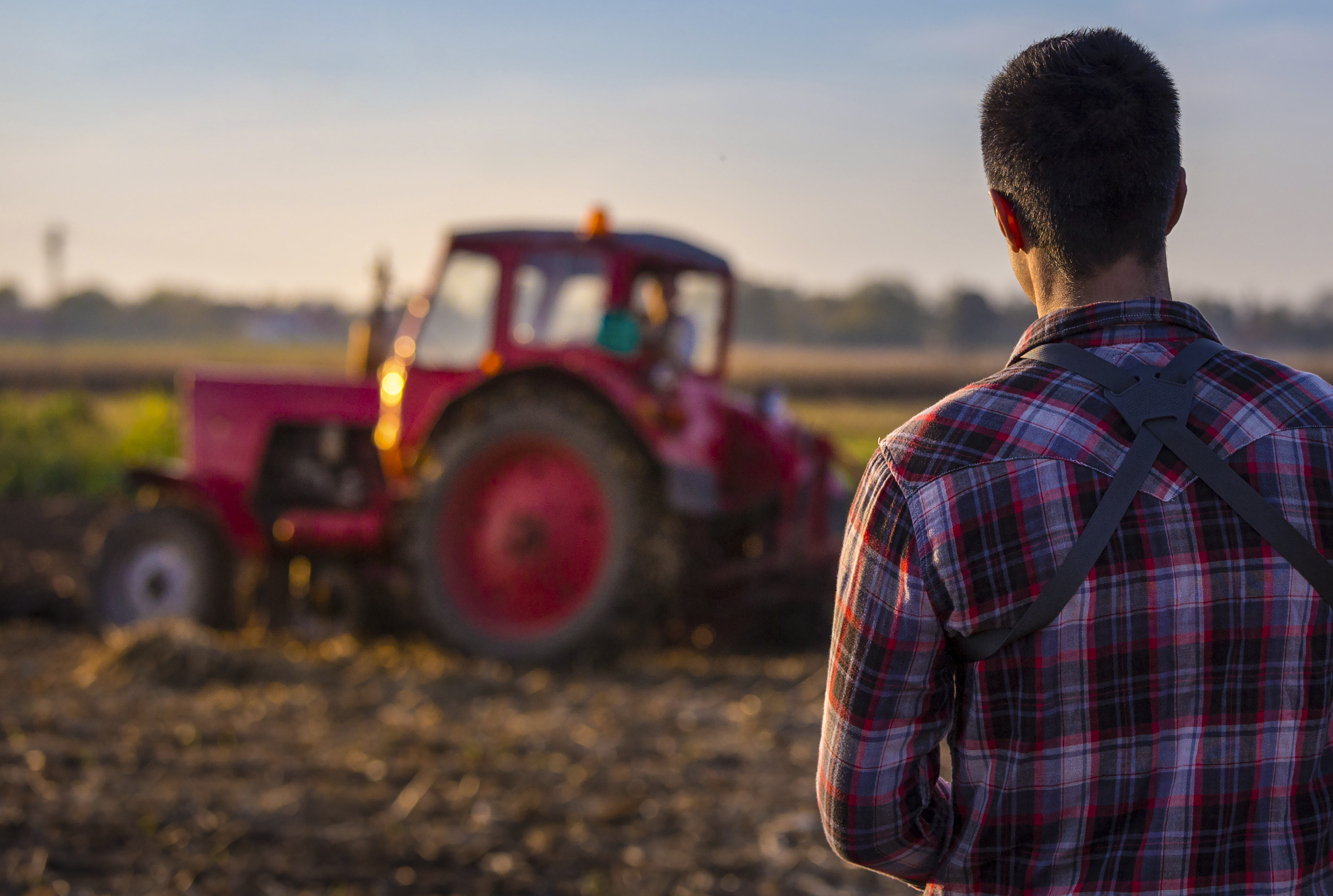 Man standing by a field looking at a tractor at work